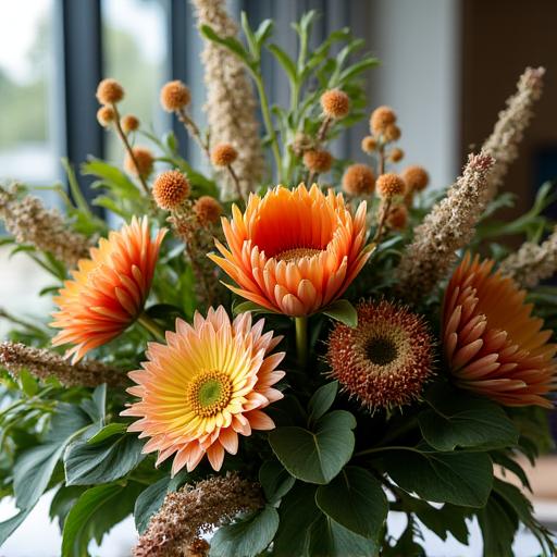 A lush, artistic floral centerpiece with native Australian flowers.
